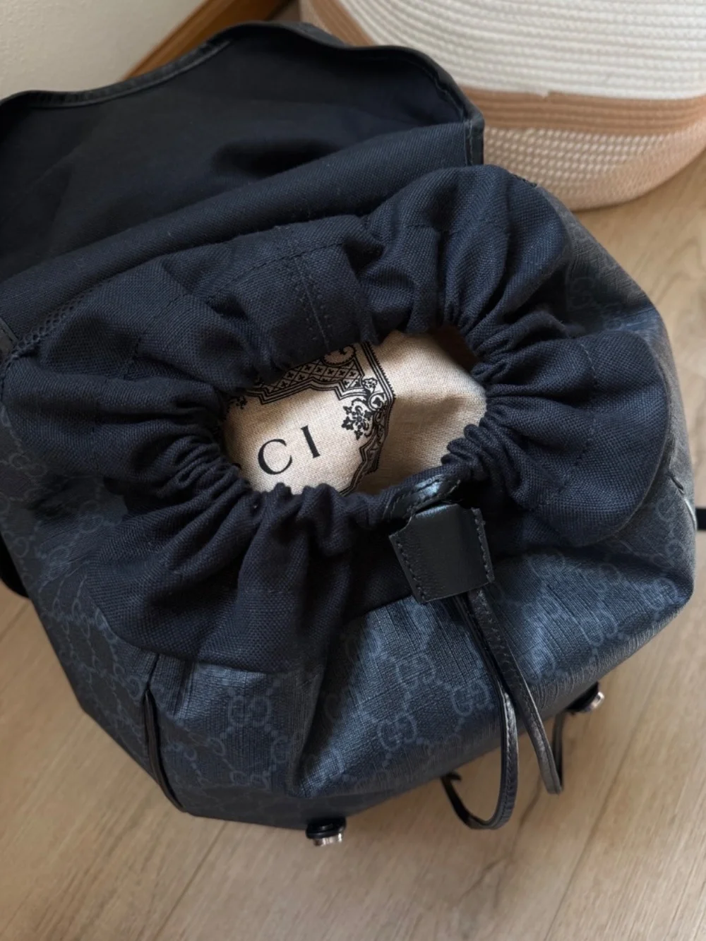 Gucci GG Supreme Black Canvas & Leather Double Buckle Backpack